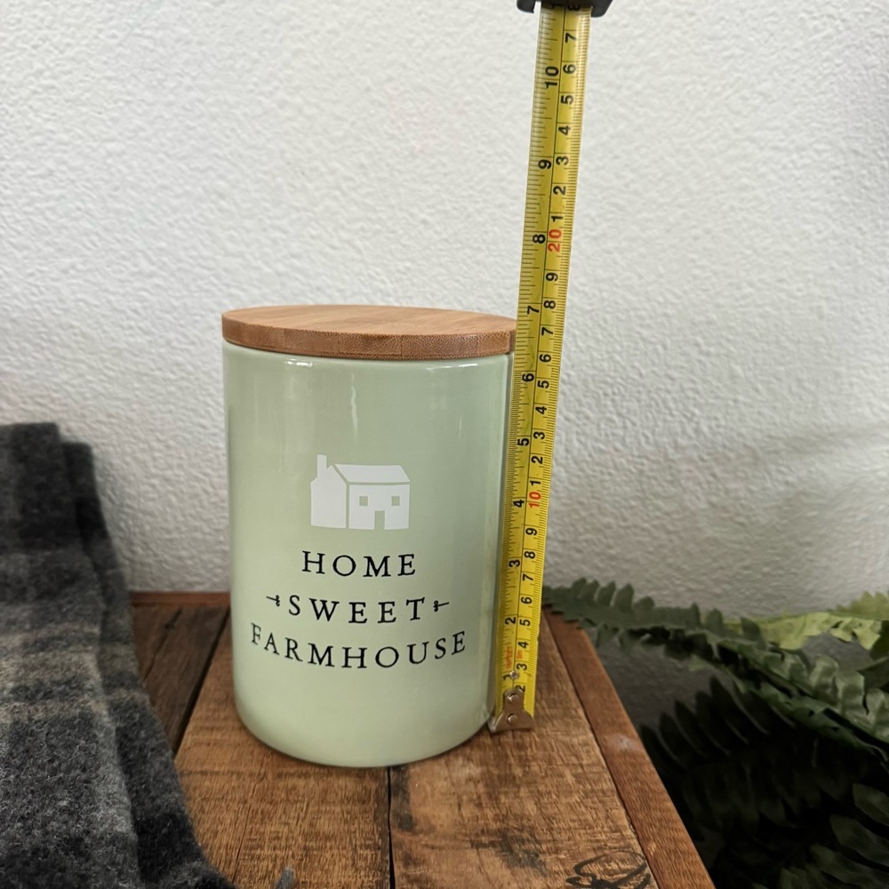 Ceramic Canister Home Sweet Farmhouse Mint Green Wood Lid Rustic Minimalist - Picture 9 of 10